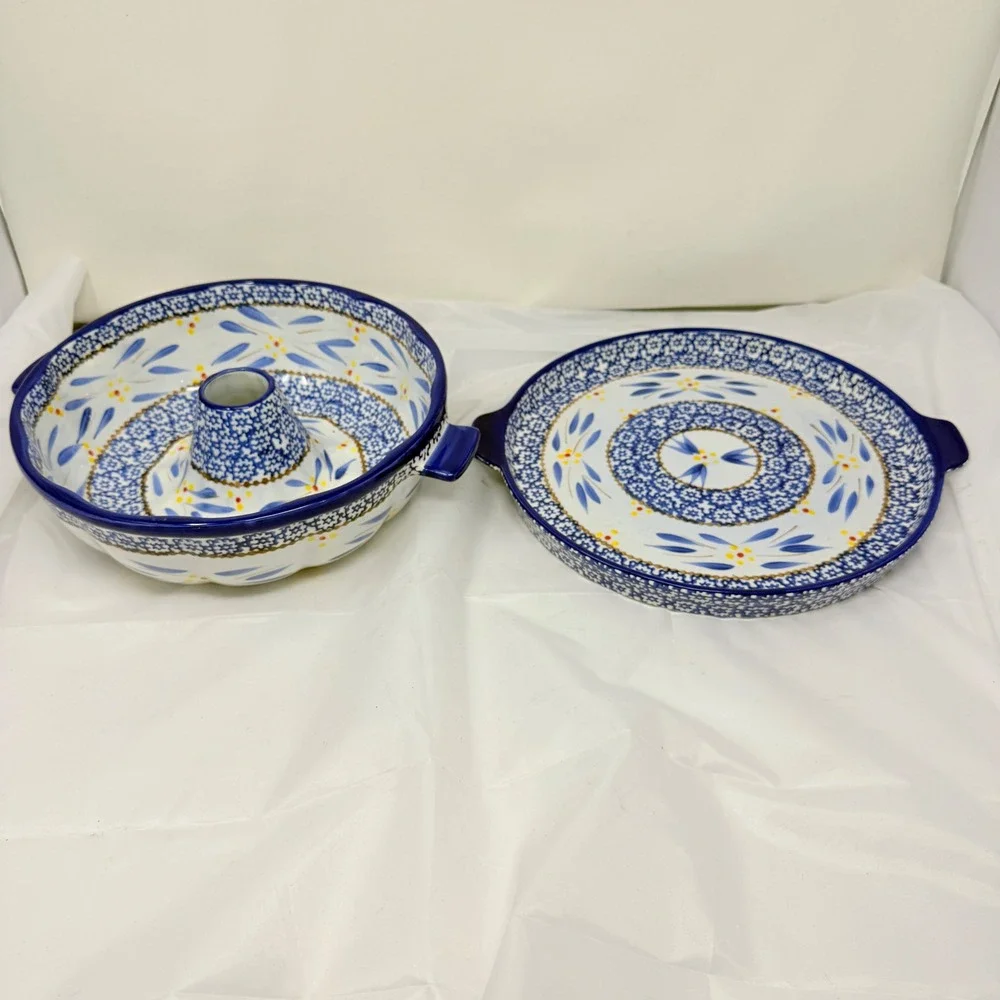 Temp-tations Old World Blue Bundt Cake Pan and Serving Tray Set  *flaw*see pics